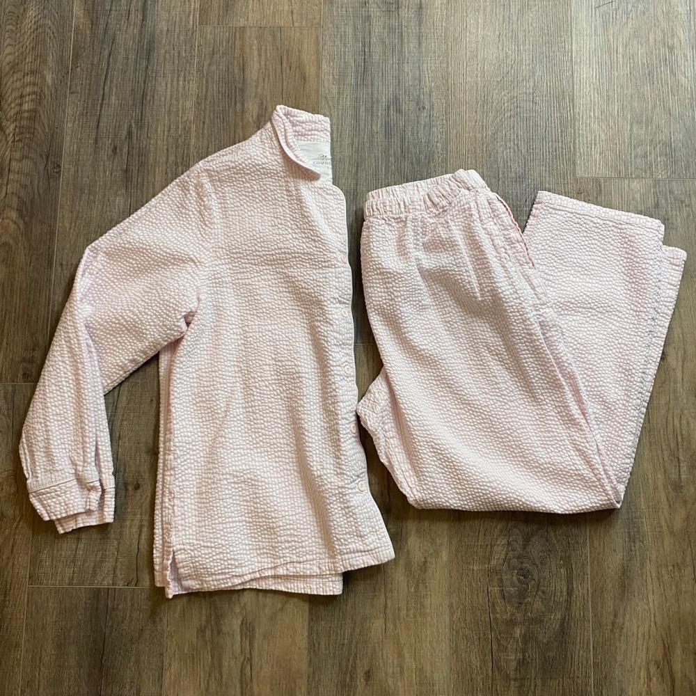 Vermont Country Store Pink Seersucker Pajama Set Womens Medium Cotton 2pc PJs
